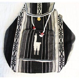 Peruvian Woven Backpack Native Inca Llama Black White Drawstring Pocket Lined